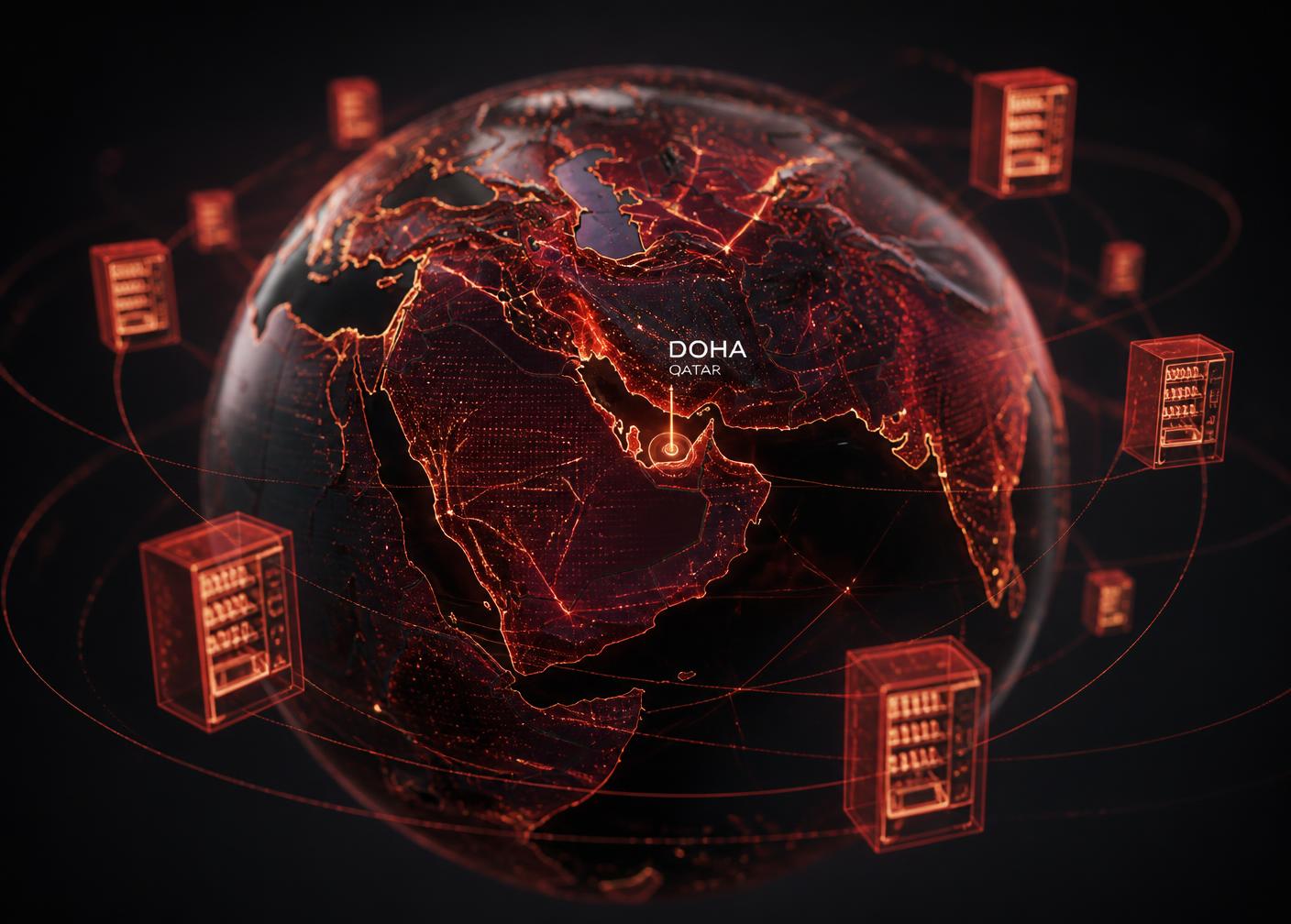 Glowing globe showing a worldwide network of connected vending machines centered on Doha