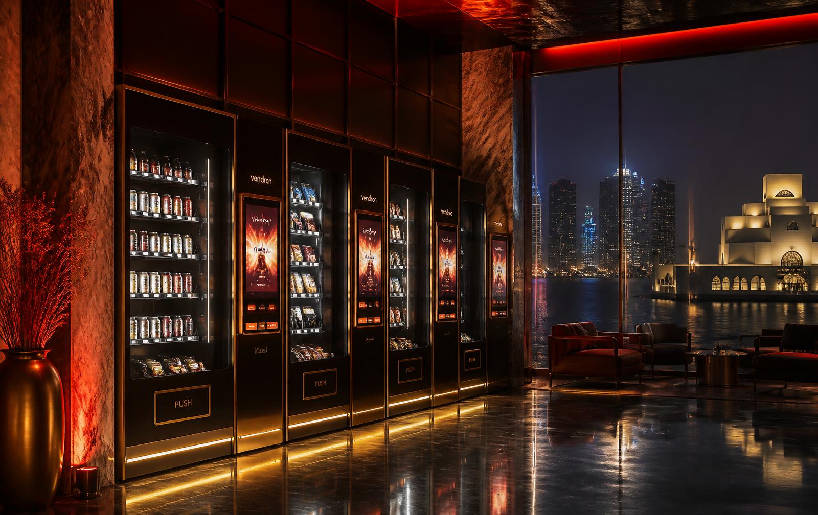 Luxury smart vending machines overlooking the Doha skyline at night
