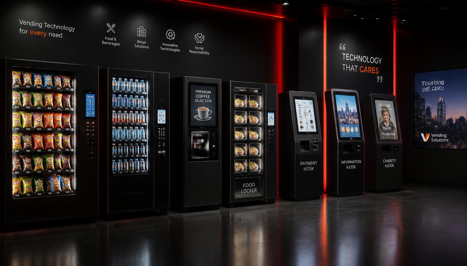 Showroom of vending machines, coffee machines, food lockers, payment, information and charity kiosks