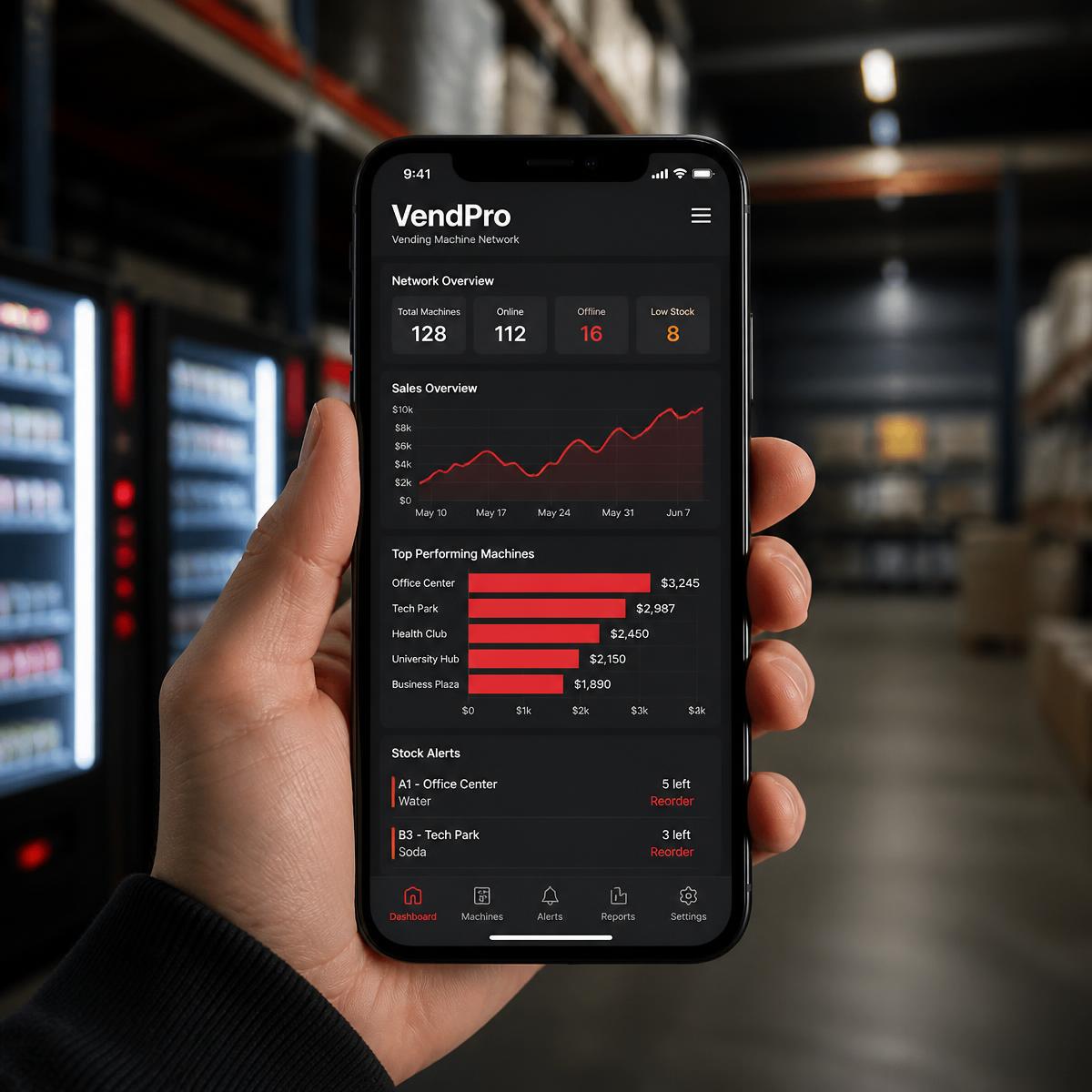 Mobile app showing vending network sales, machine status and stock alerts