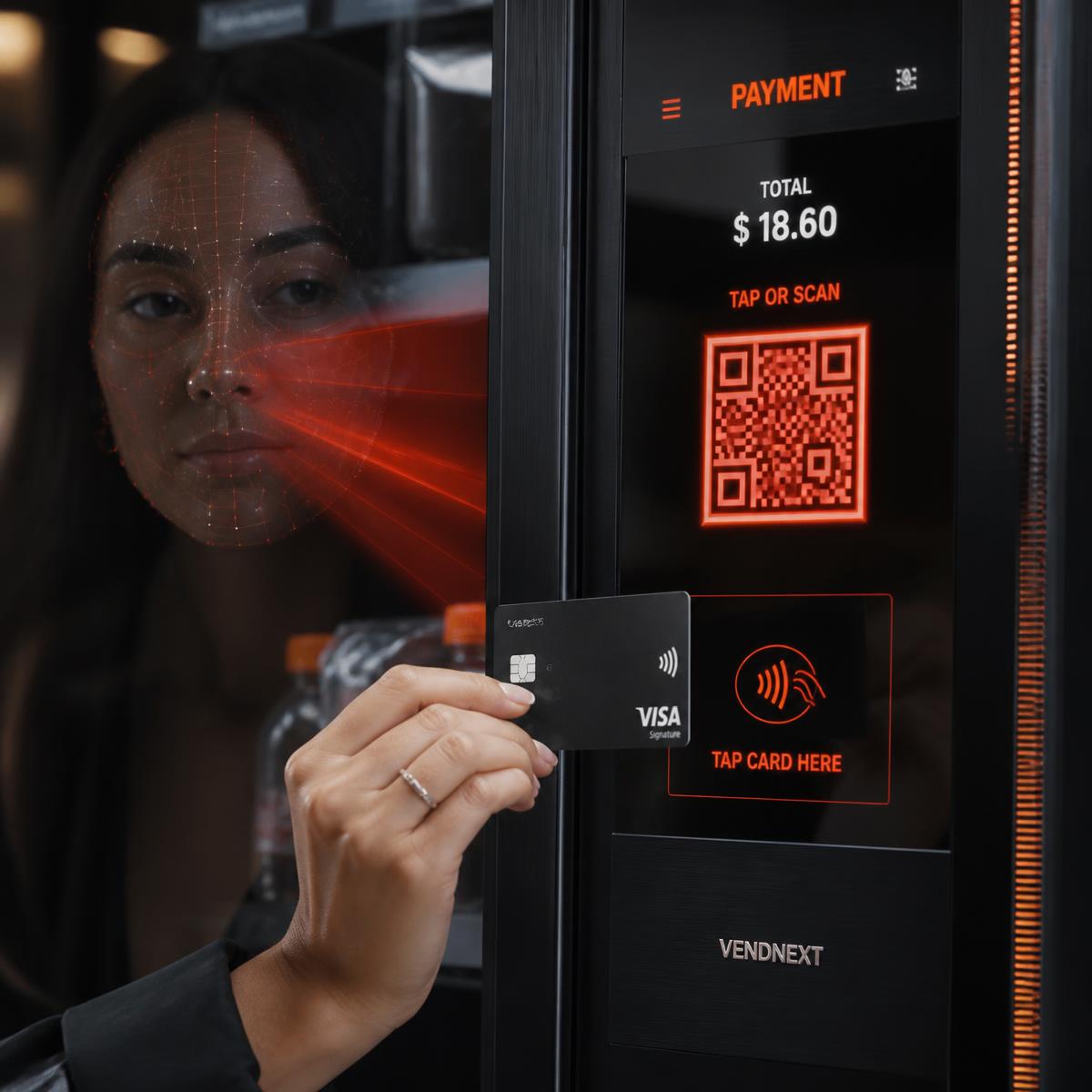 Customer paying at a smart vending kiosk with contactless card, QR code and face recognition